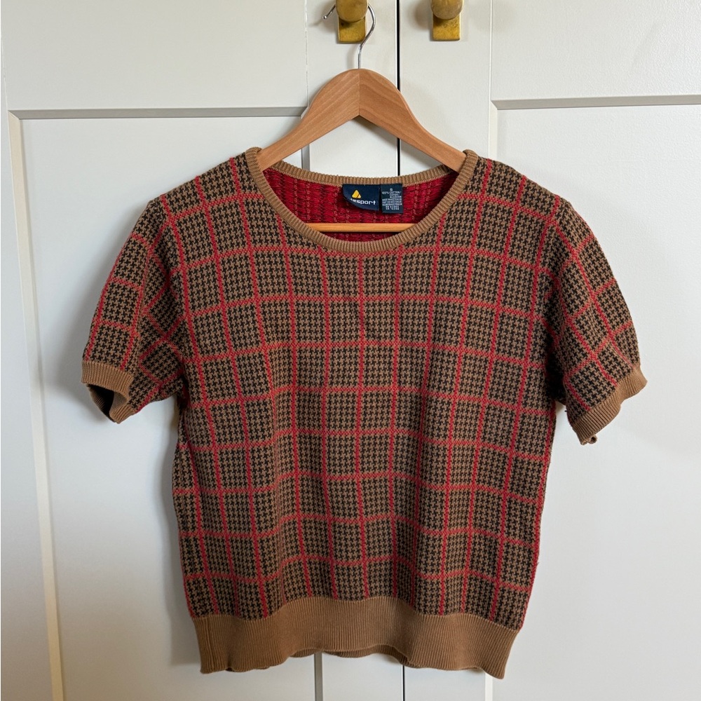 Lizsport 100% cotton sweater tee - Red and Brown plaid